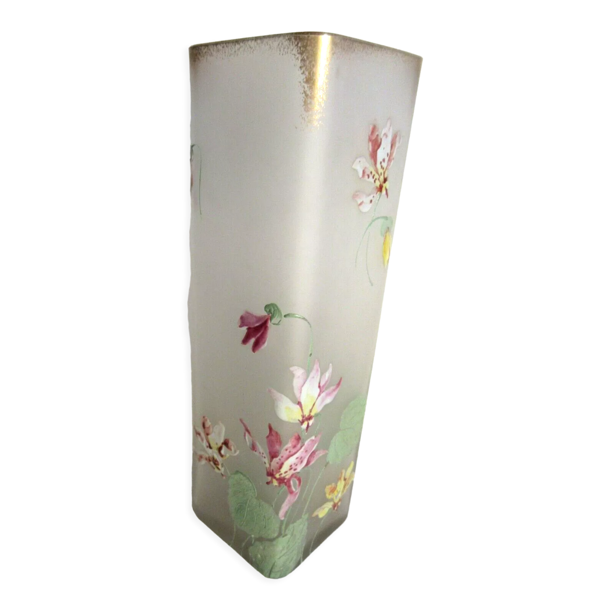 Vase haut et carré, pâte de verre opaque émaillée Legras d'un semis de fuchsia multicolores
