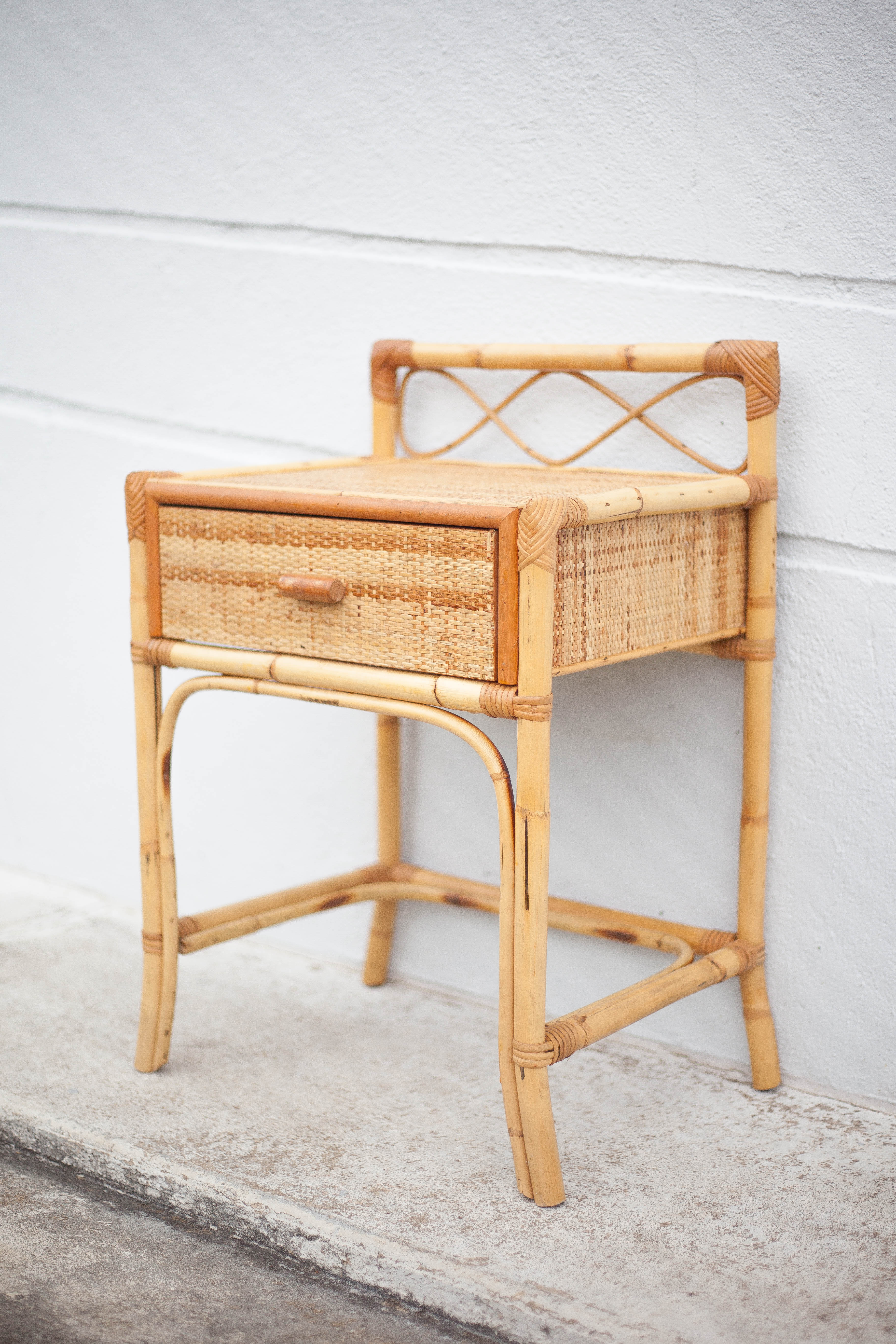 Rattan bedside table, wicker nightstand, end of sofa, interior decoration