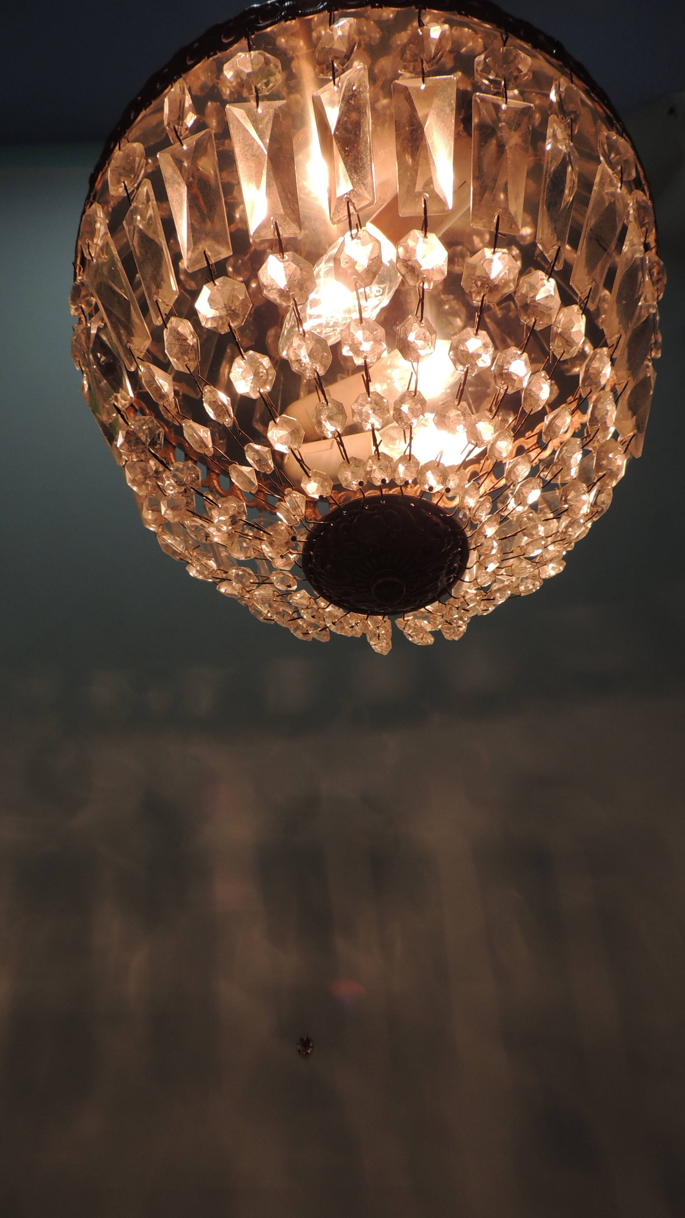 Antique crystal ceiling chandelier, Empire style, patinated gilt metal – pendant light