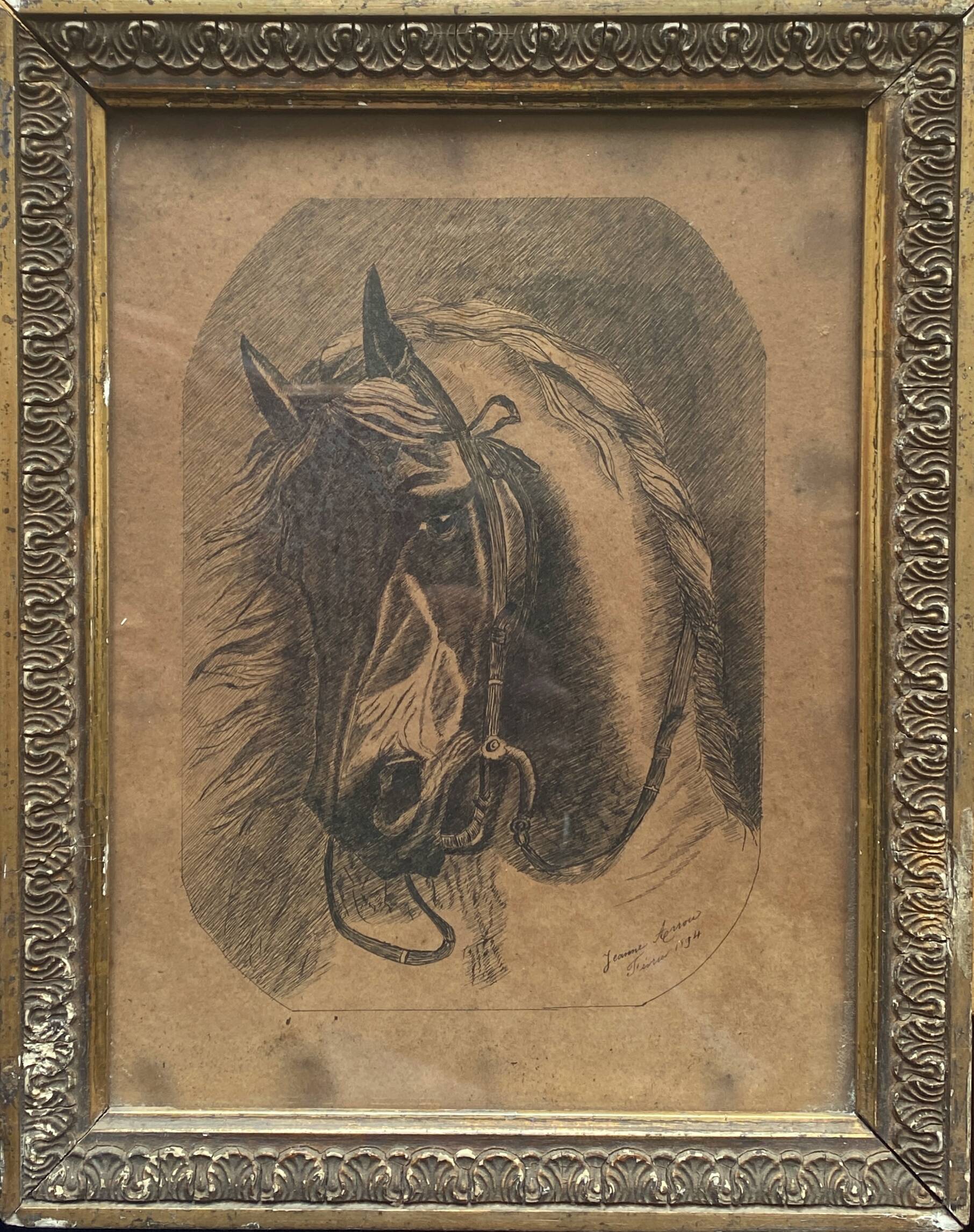 Painting "Portrait of horse" by Jeanne Arrow dated 1894 frame