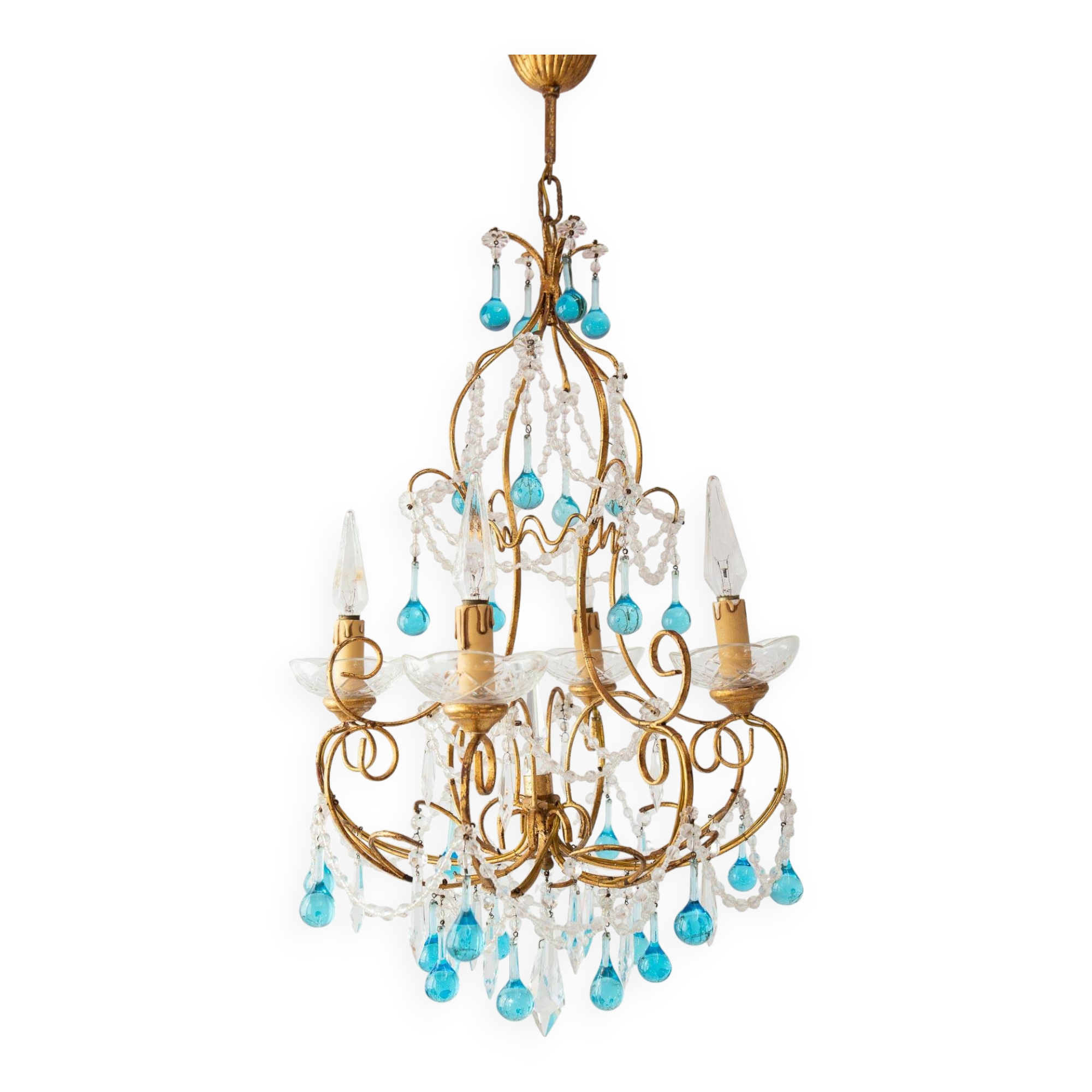 Italian chandelier in gold metal and blue crystal drops