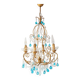 Italian chandelier in gold metal and blue crystal drops