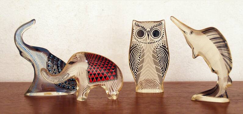 Abraham Palatnik lucite animals elephant swordfish owl