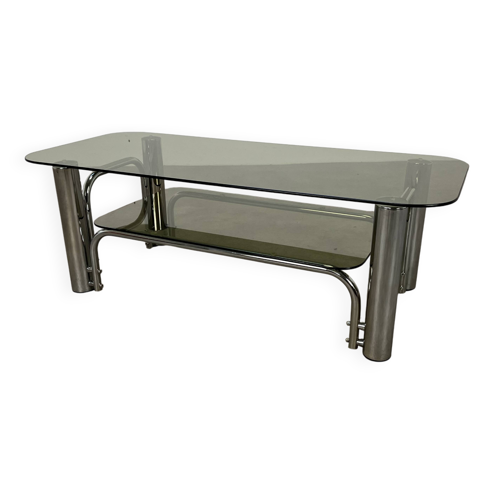 Chrome metal and smoked glass coffee table, 70s