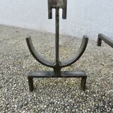 Pair of modernist andirons in forged and hammered steel, French work