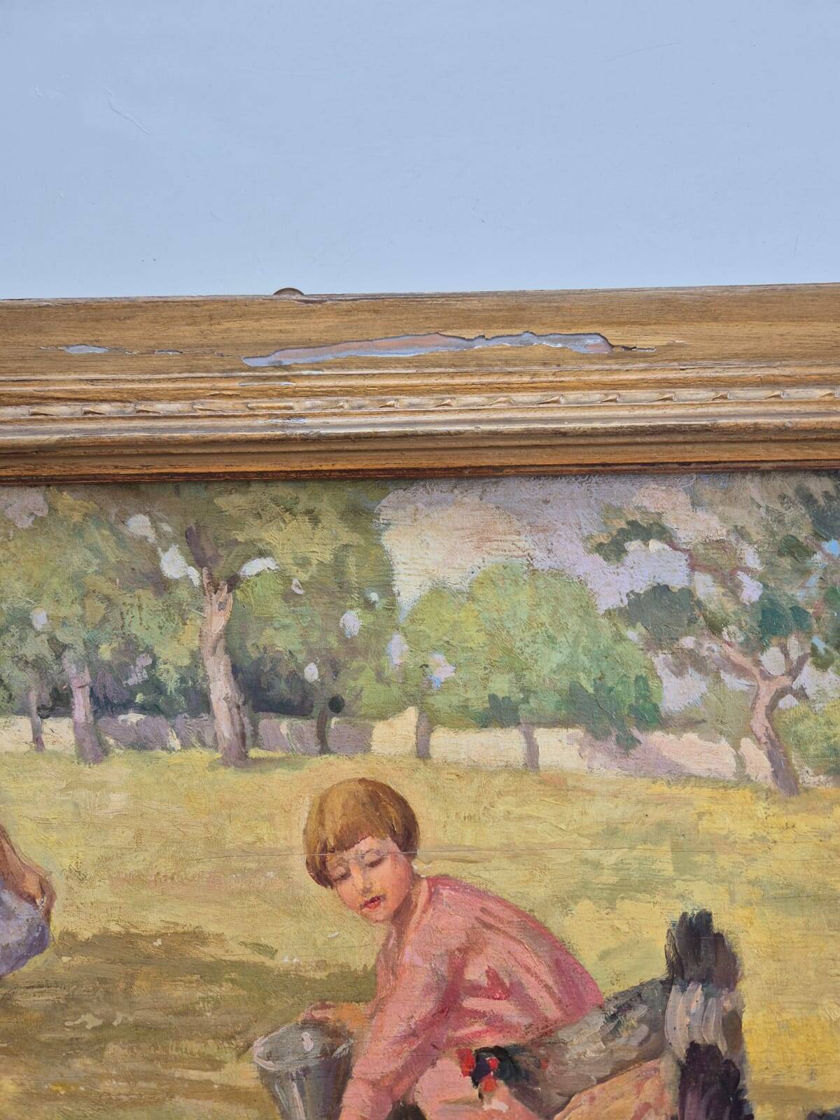 Oil Painting on Canvas "Children at the Farm" Signed Lo Presti - Gilded Frame