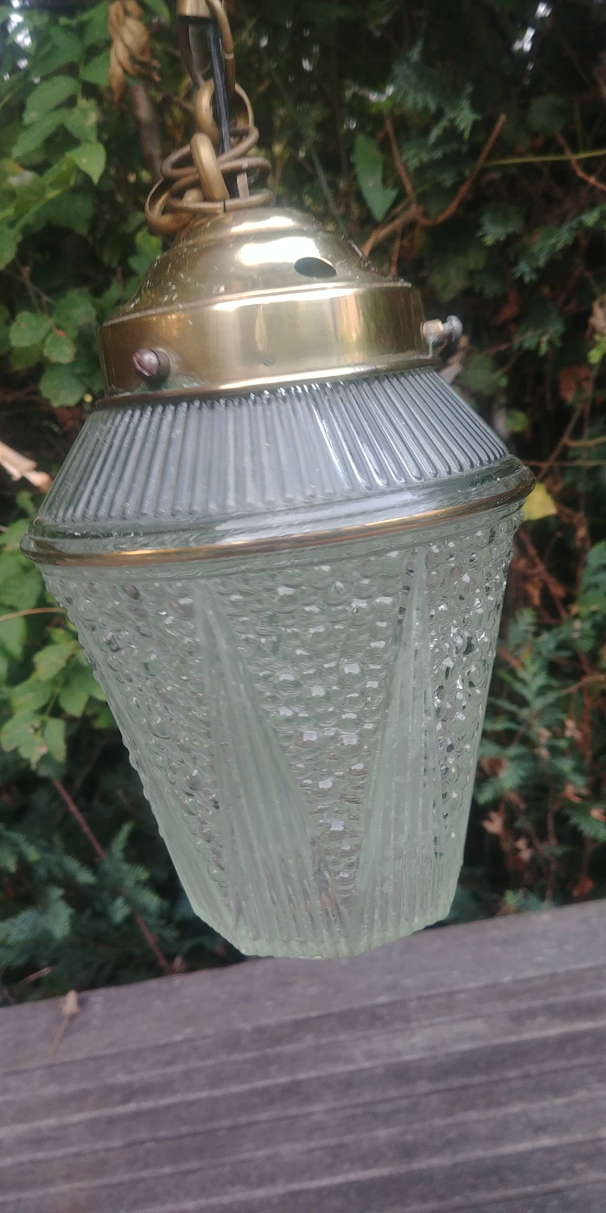 Art Deco style glass and brass pendant from the 20s/30s in water green color
