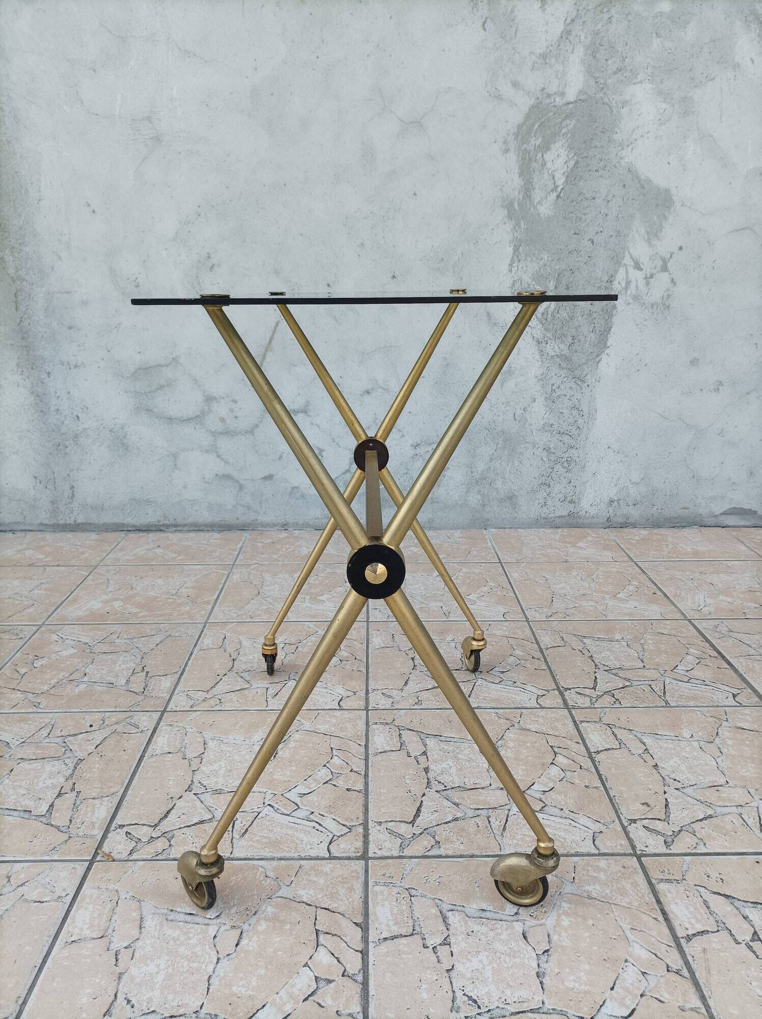 Vintage dessert trolley in brass and smoked glass 1960