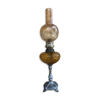 Old kerosene lamp, metal pedestal & glass body