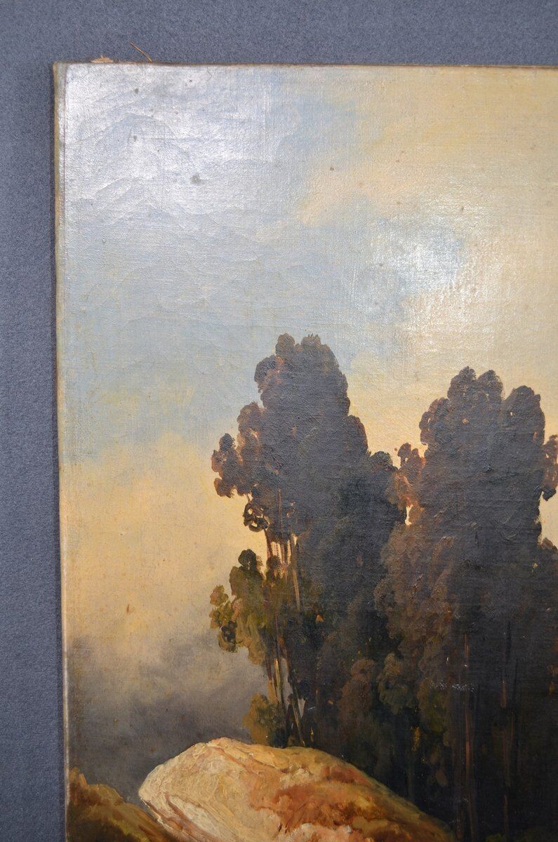 Huile sur toile, Le convoi au pied des rochers, années 1800