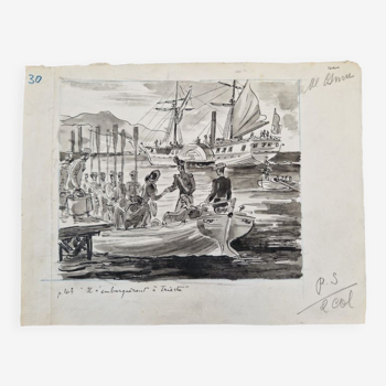 Encre et lavis d'encre sur papier - Ils s'embarquèrent à Trieste, Jacques Boullaire (1893-1976)