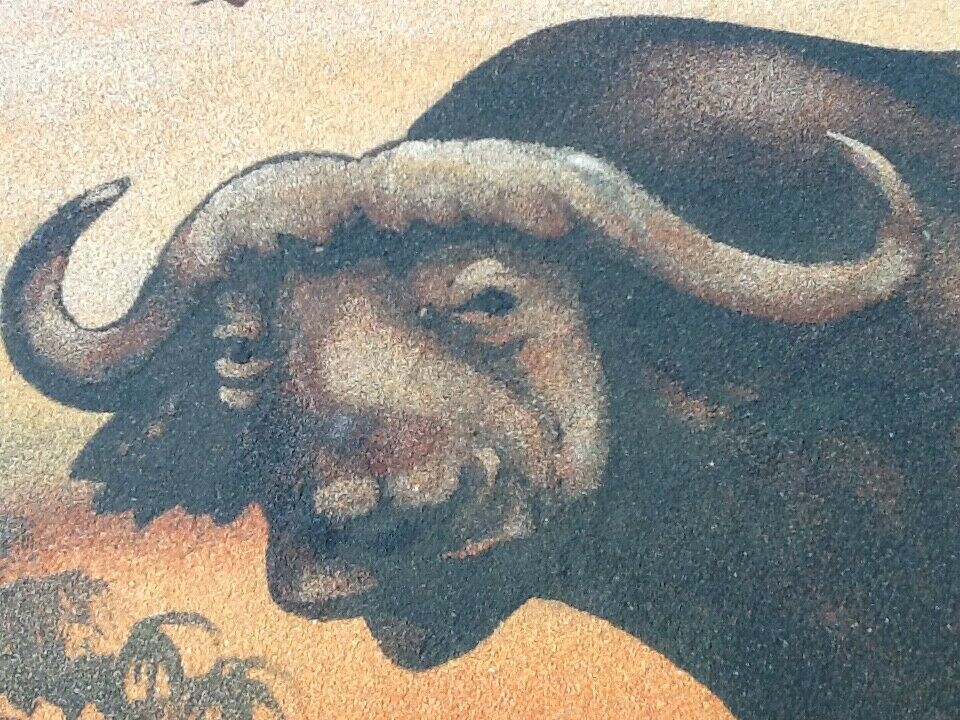 Sand painting on wood panel African buffaloes Artist Dm3 (Demba Mbengue)