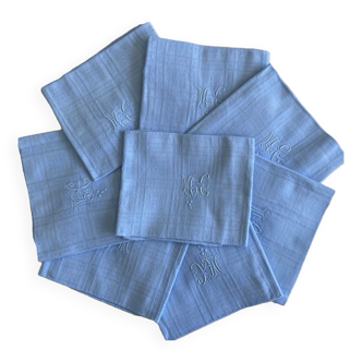 Ensemble de 8 serviettes damassées teintes en bleu rêveur monogrammées MC - coton - 72x60cm