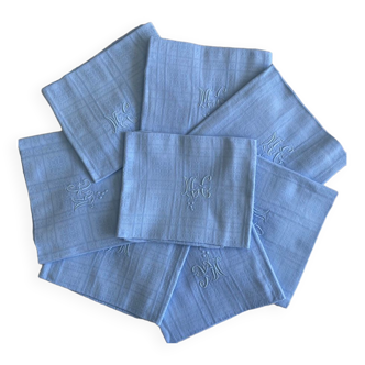 Set of 8 damask napkins dyed in dreamy blue monogrammed MC - cotton - 72x60cm