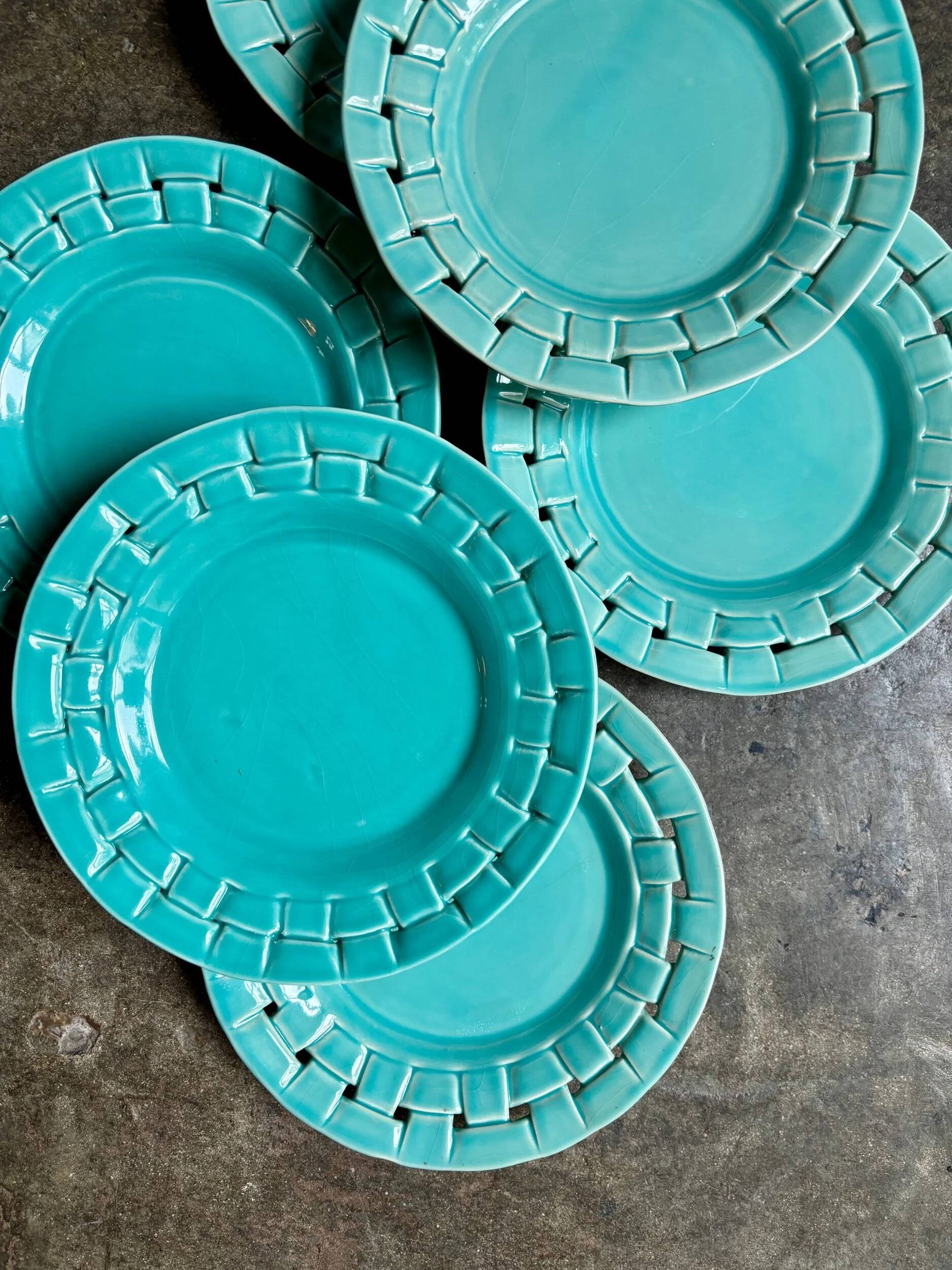 6 turquoise woven ceramic dessert plates