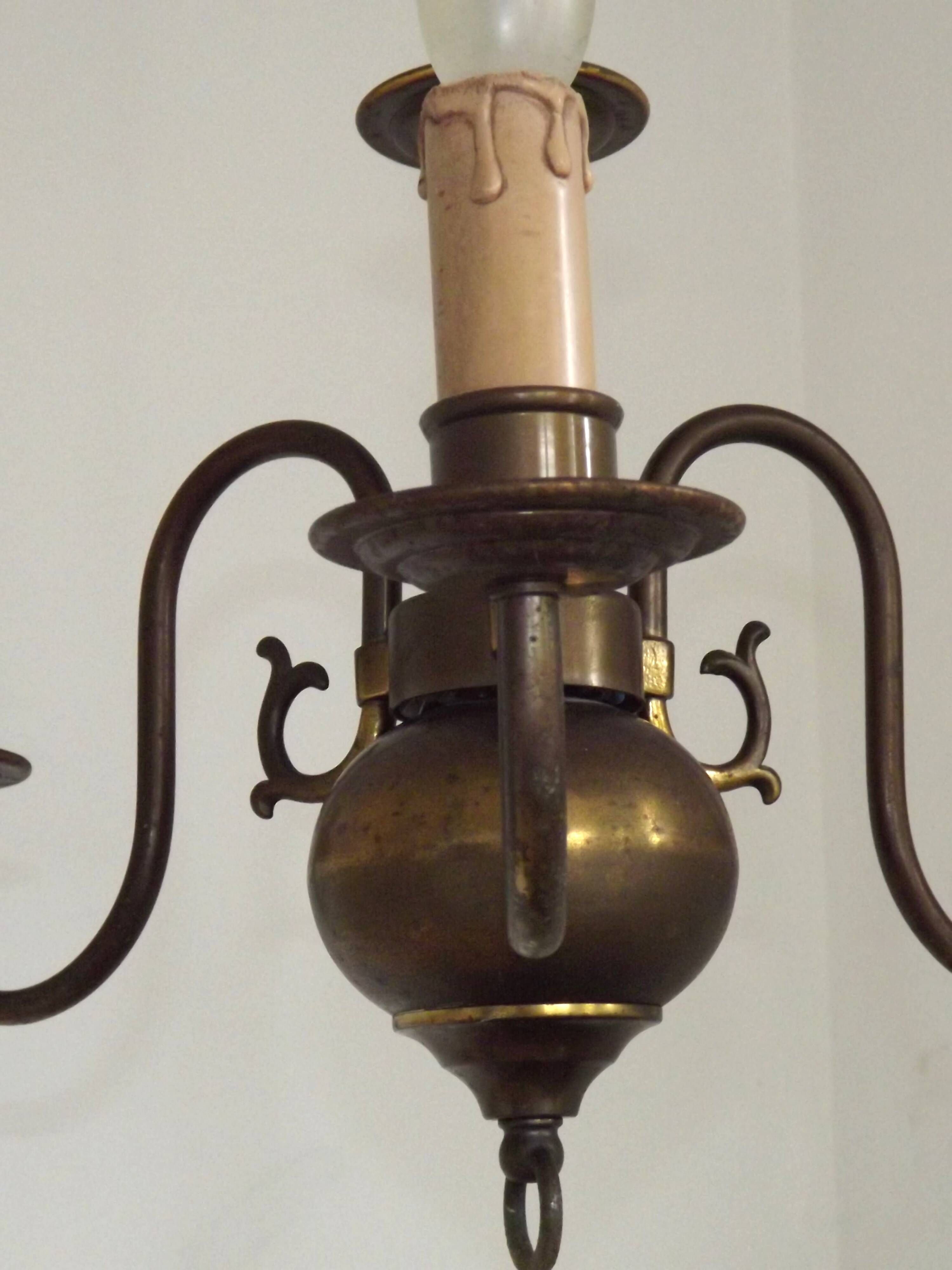 French Vintage Old Aged Bronzed Metal 3 Light Flemish Style Chandelier 4804