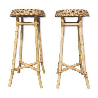 Pair high stools in rattan and braided wicker