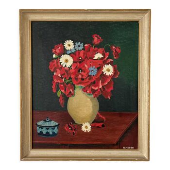 Tableau ancien peinture huile sur toile bouquet de fleurs signée et datée de 1956