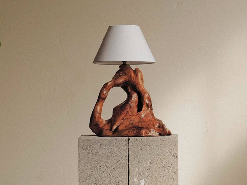 Sculptural lamp made of olive wood, around 1960.