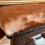 Vintage wooden and goatskin pouf