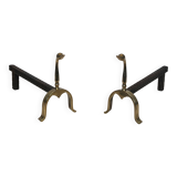 Pair of brass andirons with ducks. In the style of Maison Jansen.