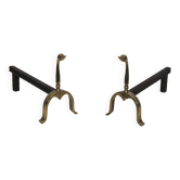Pair of brass andirons with ducks. In the style of Maison Jansen.