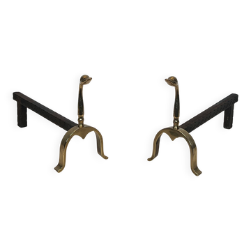 Pair of brass andirons with ducks. In the style of Maison Jansen.