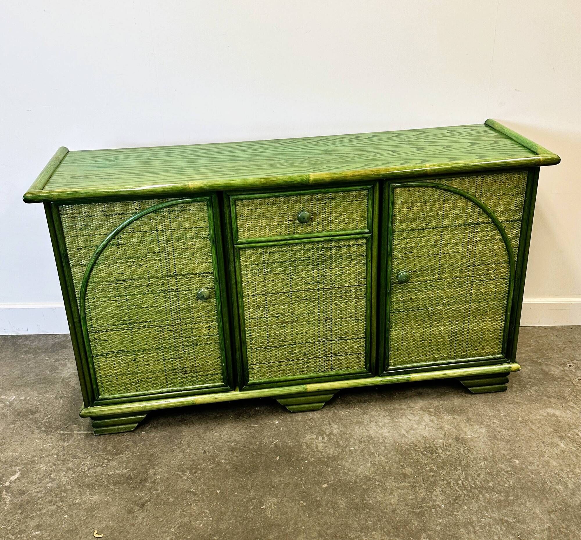 Green Vintage Rattan Sideboard By Maugrion, France, 1980s