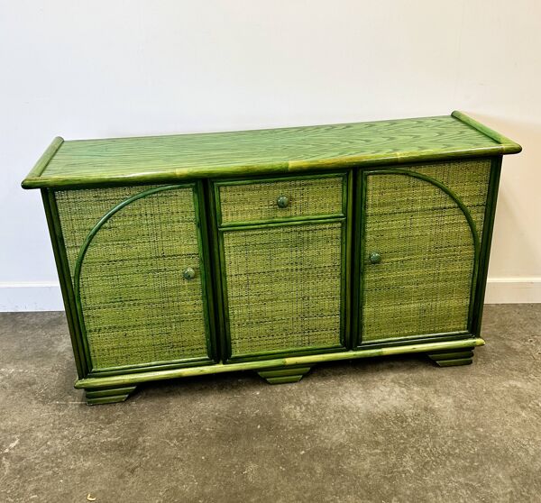 Buffet vintage en rotin vert par Maugrion, France, années 1980