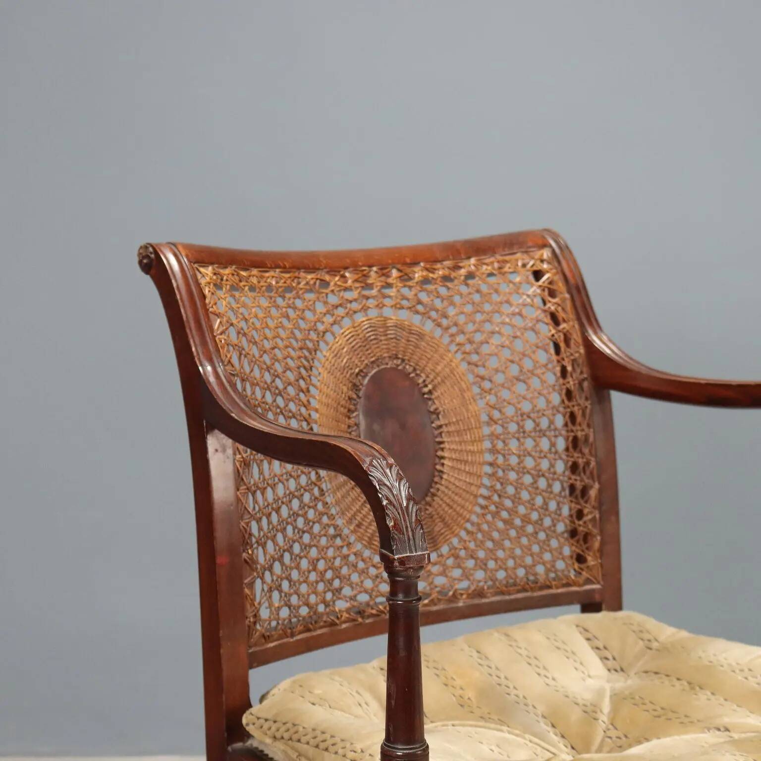 Antique beech armchair stained walnut and fabric, Italy, 19th century