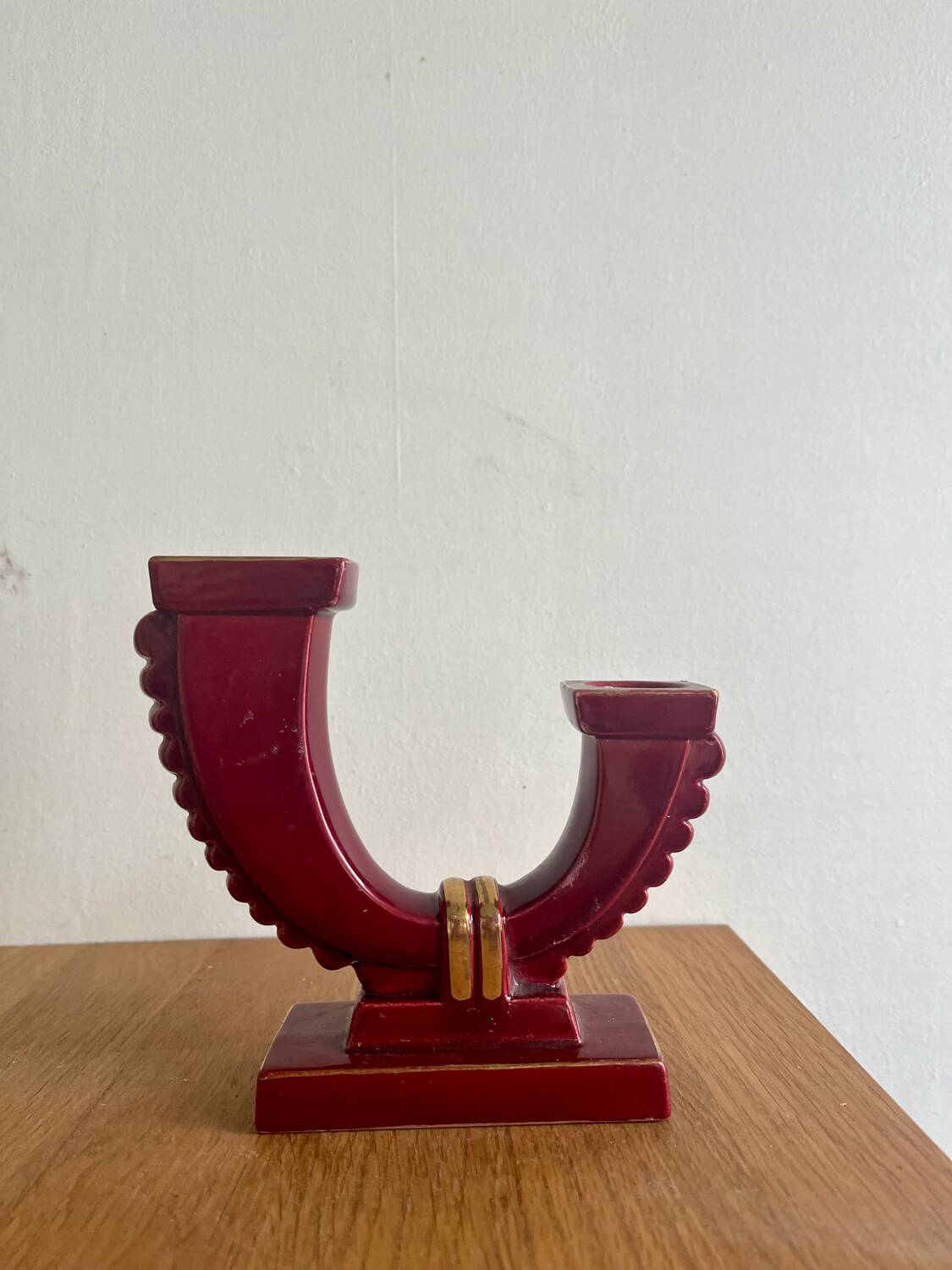 Art Deco red ceramic double candle holder