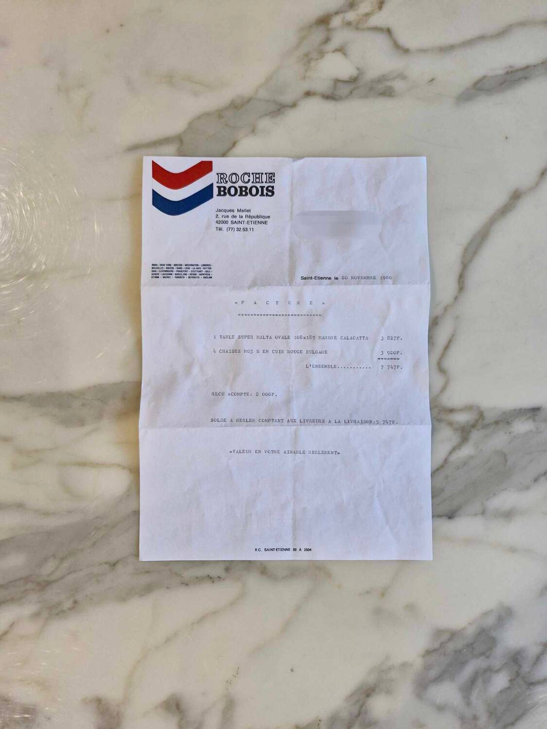 Roche Bobois table in Calacatta marble from 1980