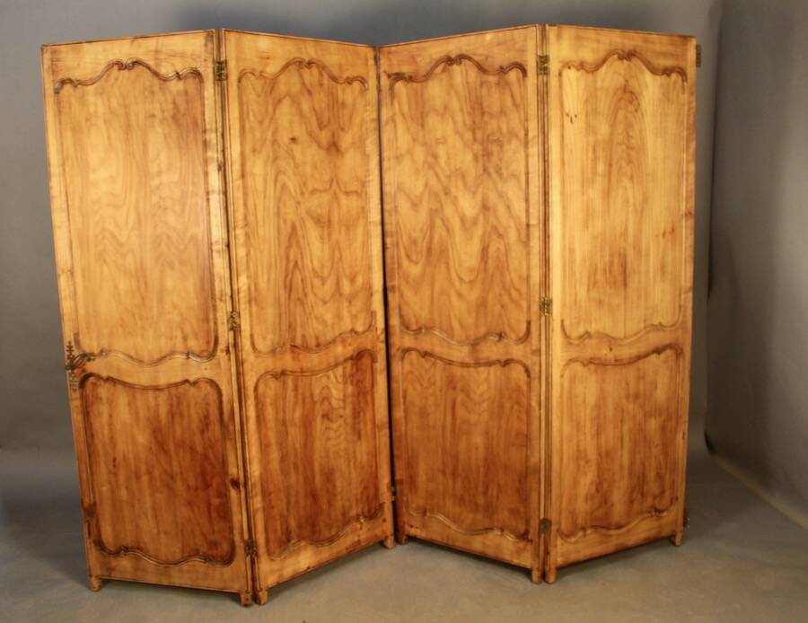 Large cherry wood folding screen with four double-sided panels.