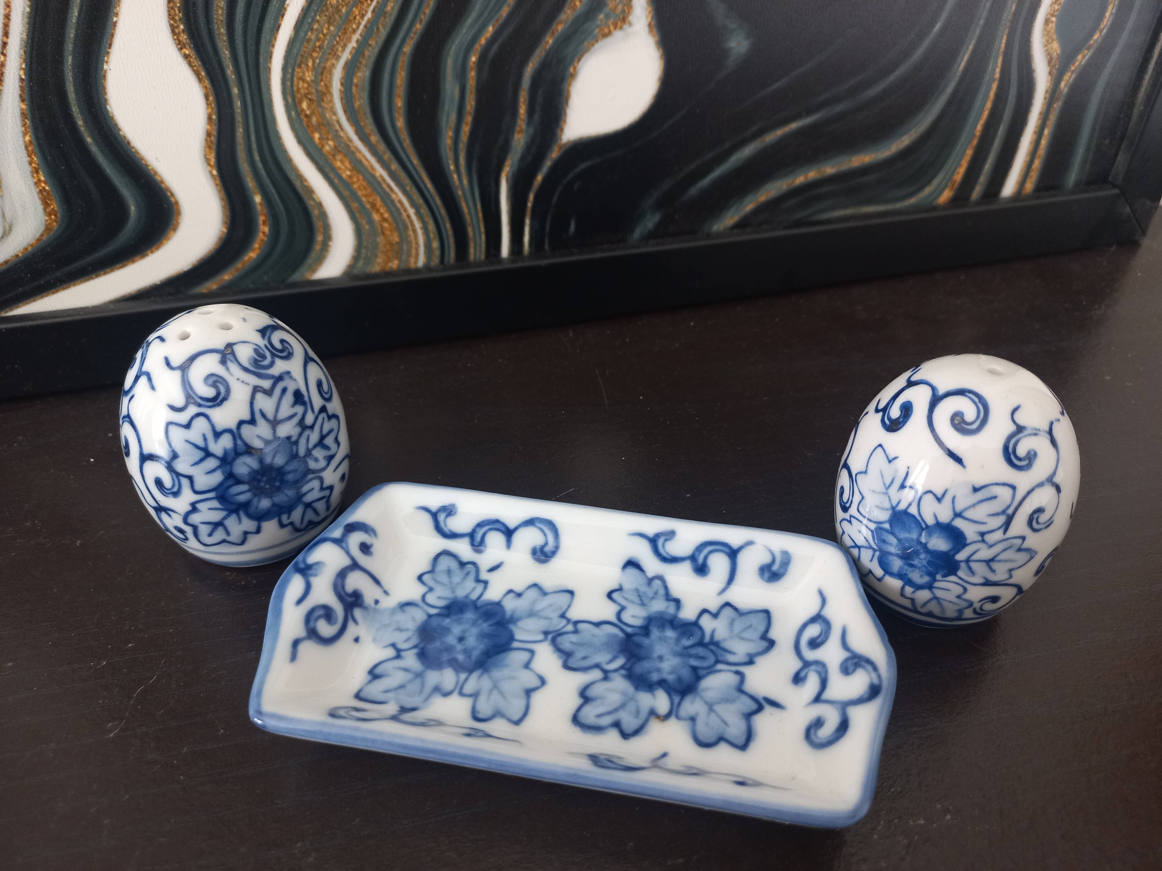 Vintage blue porcelain salt and pepper shakers