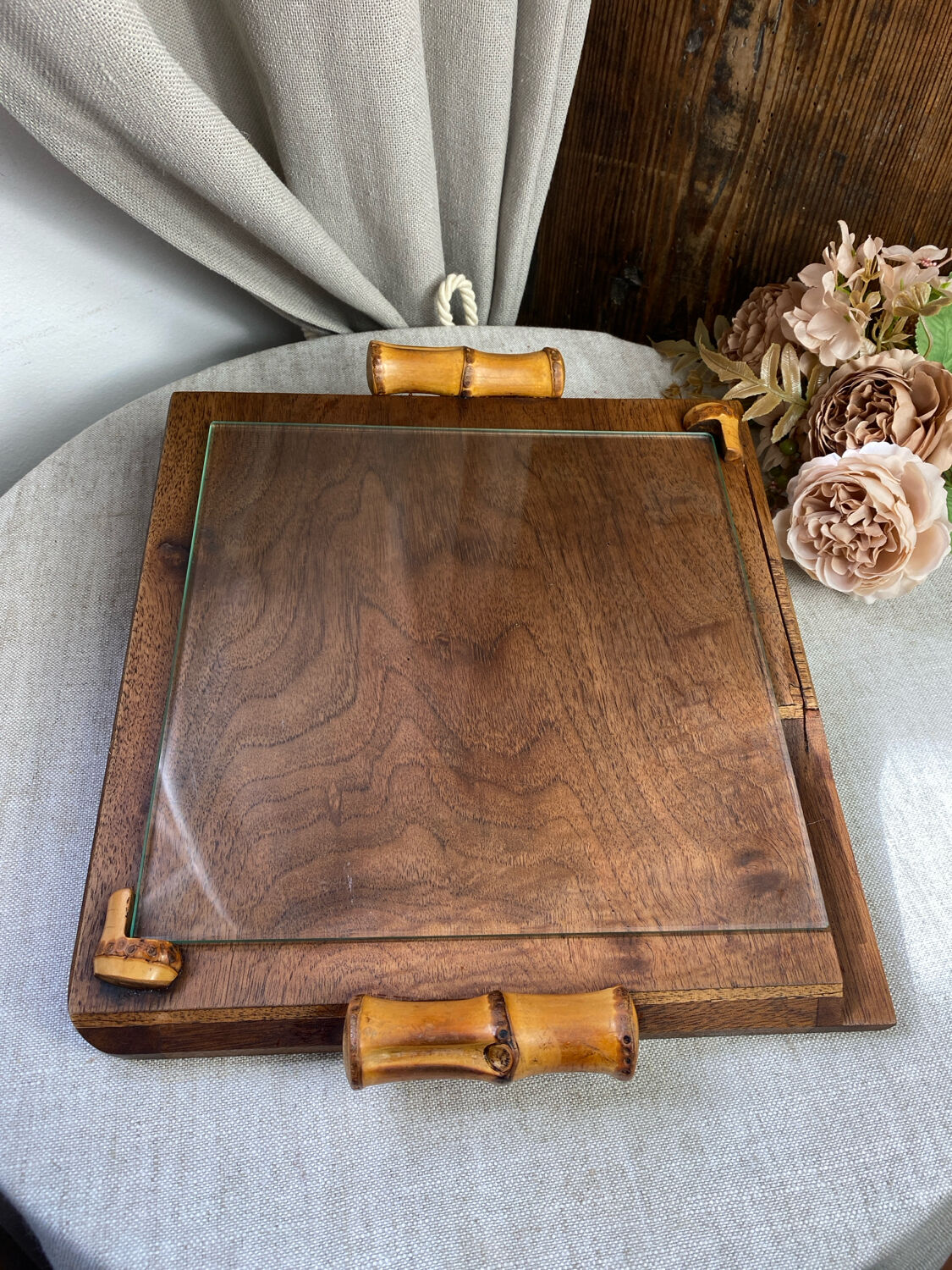 Wood and glass bamboo plateau