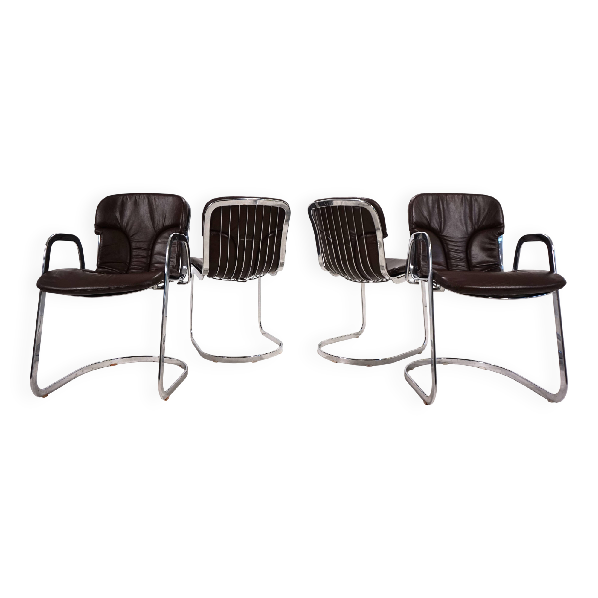 Set of four Cidue leather chrome cantilever chairs by Willy Rizzo, 1970