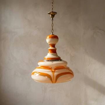 Italian art glass pendant lamp orange & white hand-blown chandelier, 1970s