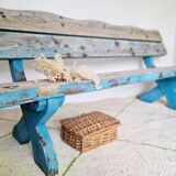 Outdoor bench in patinated blue solid wood