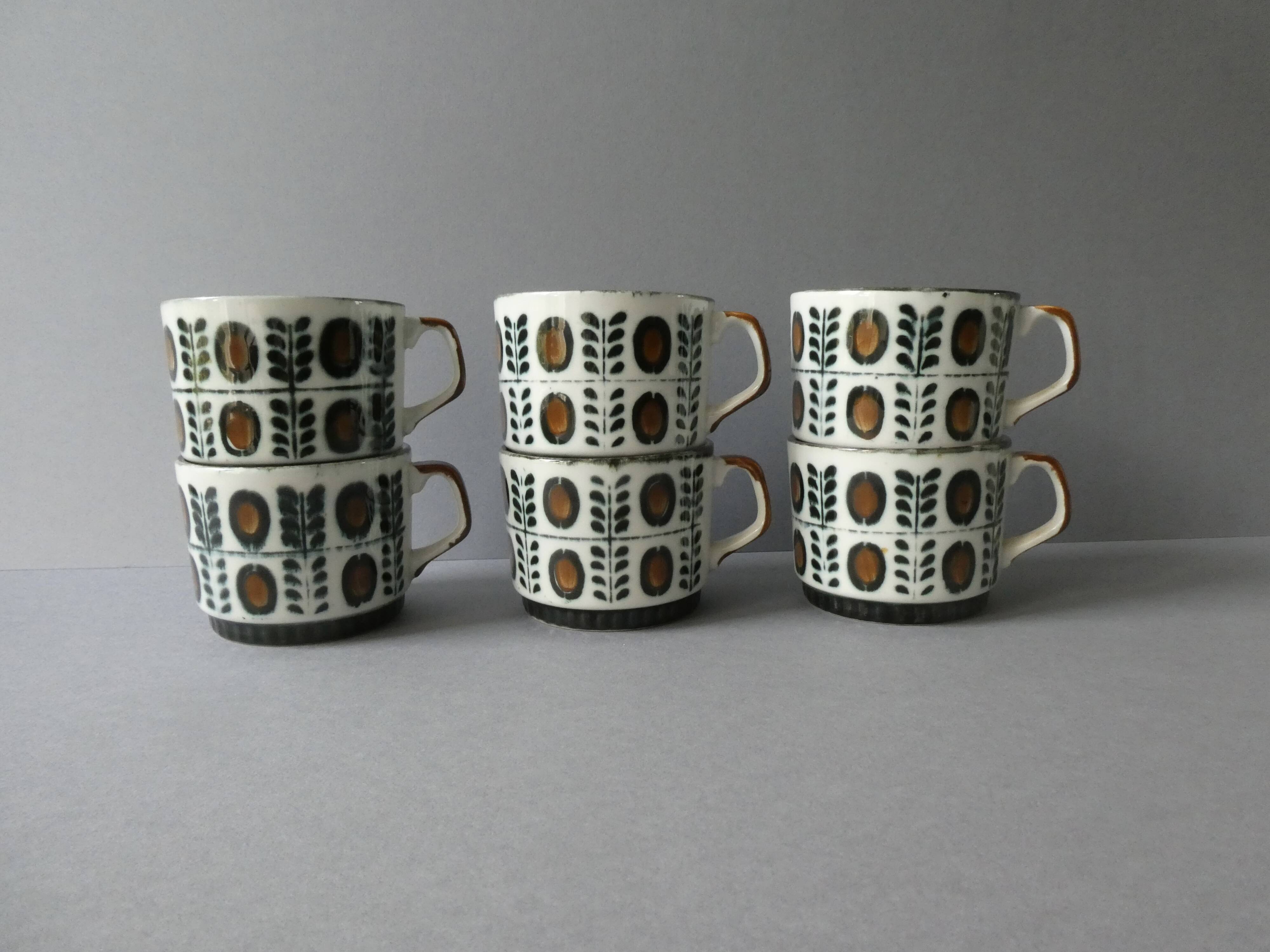 6 Boch La Louvière coffee cups, walnut decor, 1960s