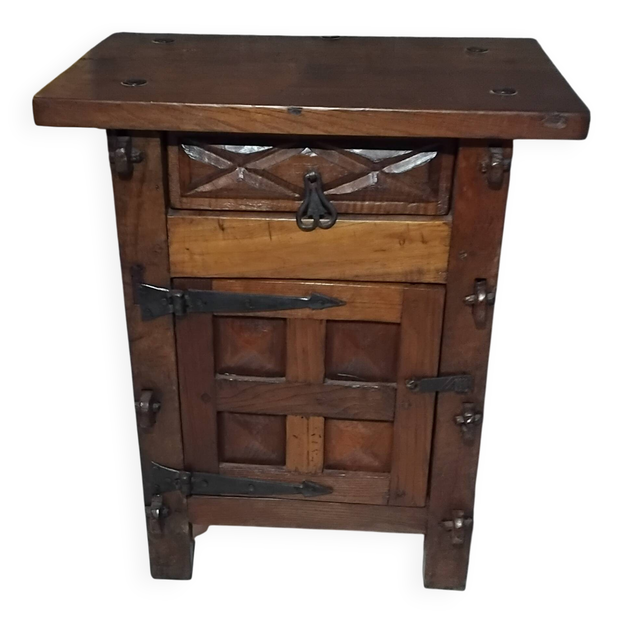Small vintage brutalist solid oak jam cupboard with wrought iron trim