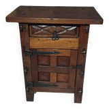 Small vintage brutalist solid oak jam cupboard with wrought iron trim