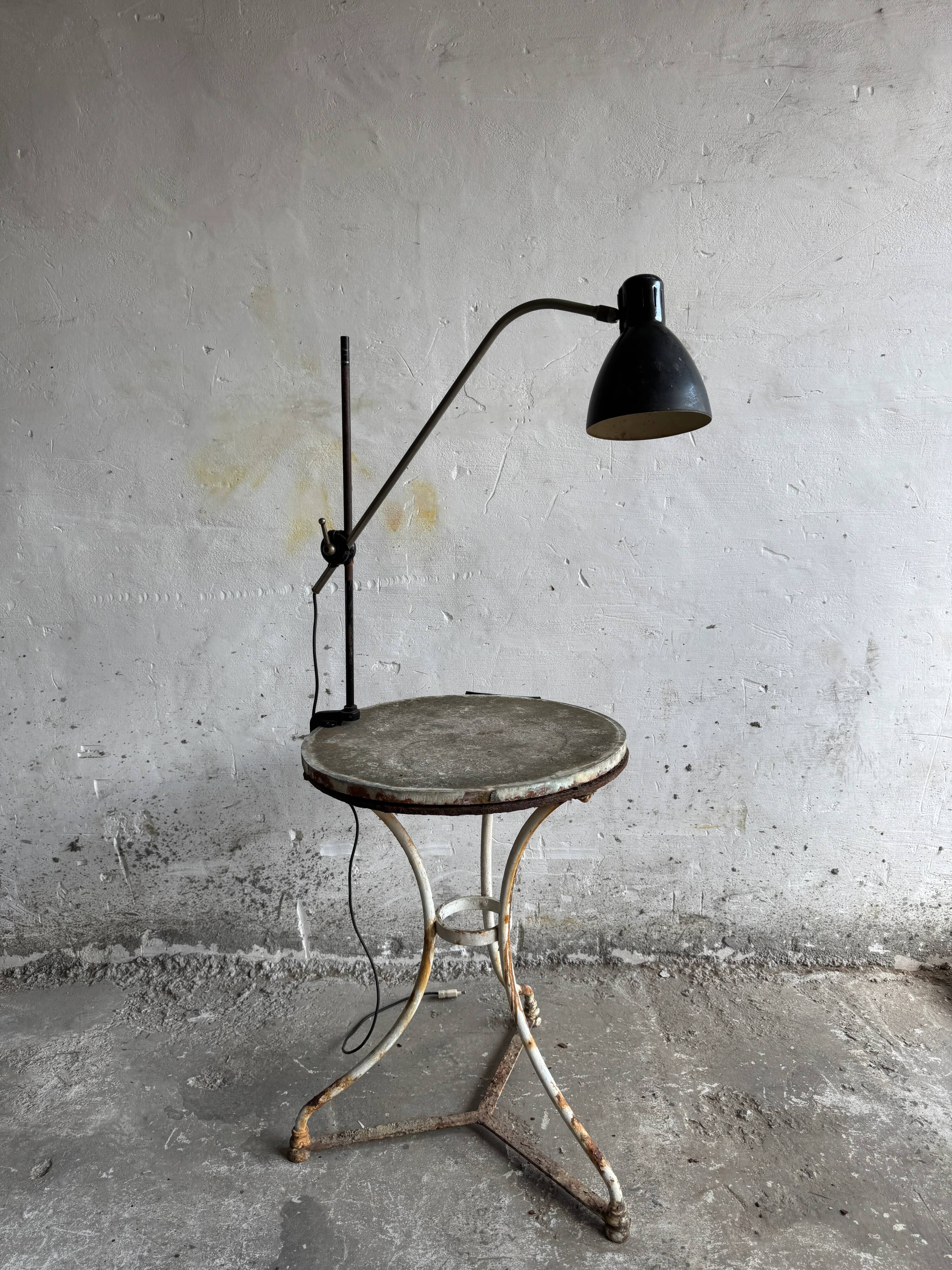 Vintage Black Metal Screw-On Industrial Clamp Lamp with Adjustable Arm and Conical Shade