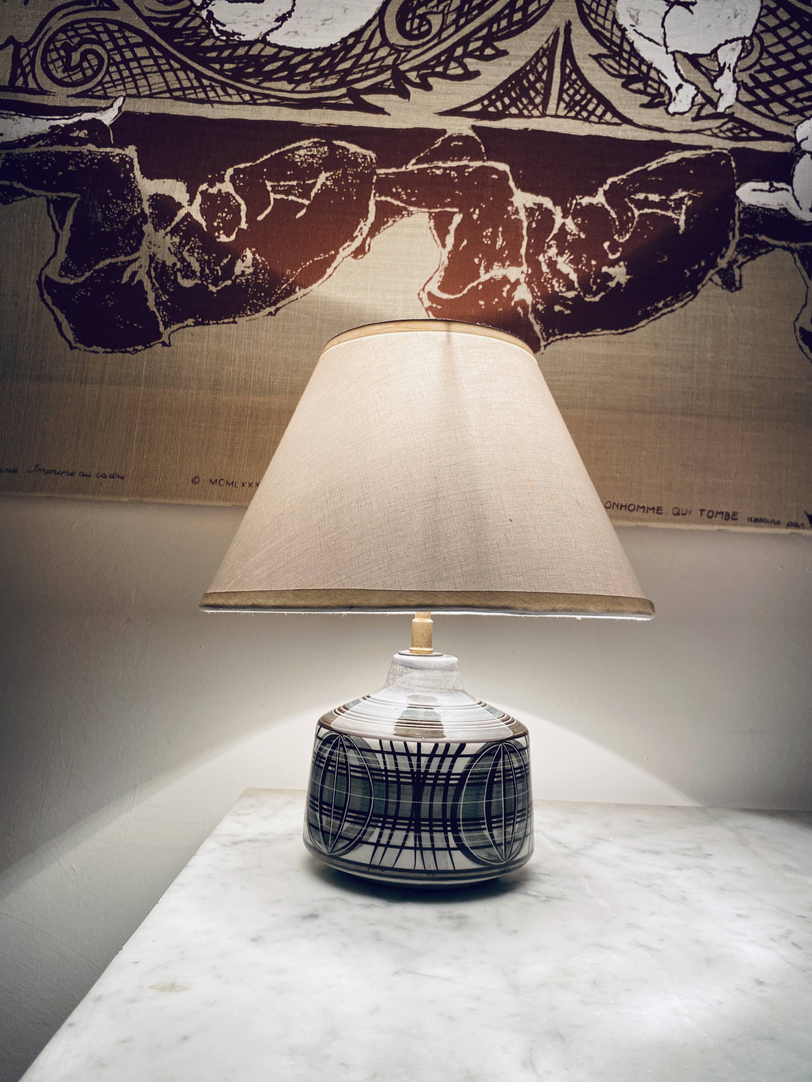 Earthenware lamp, braided fabric cable, 70s