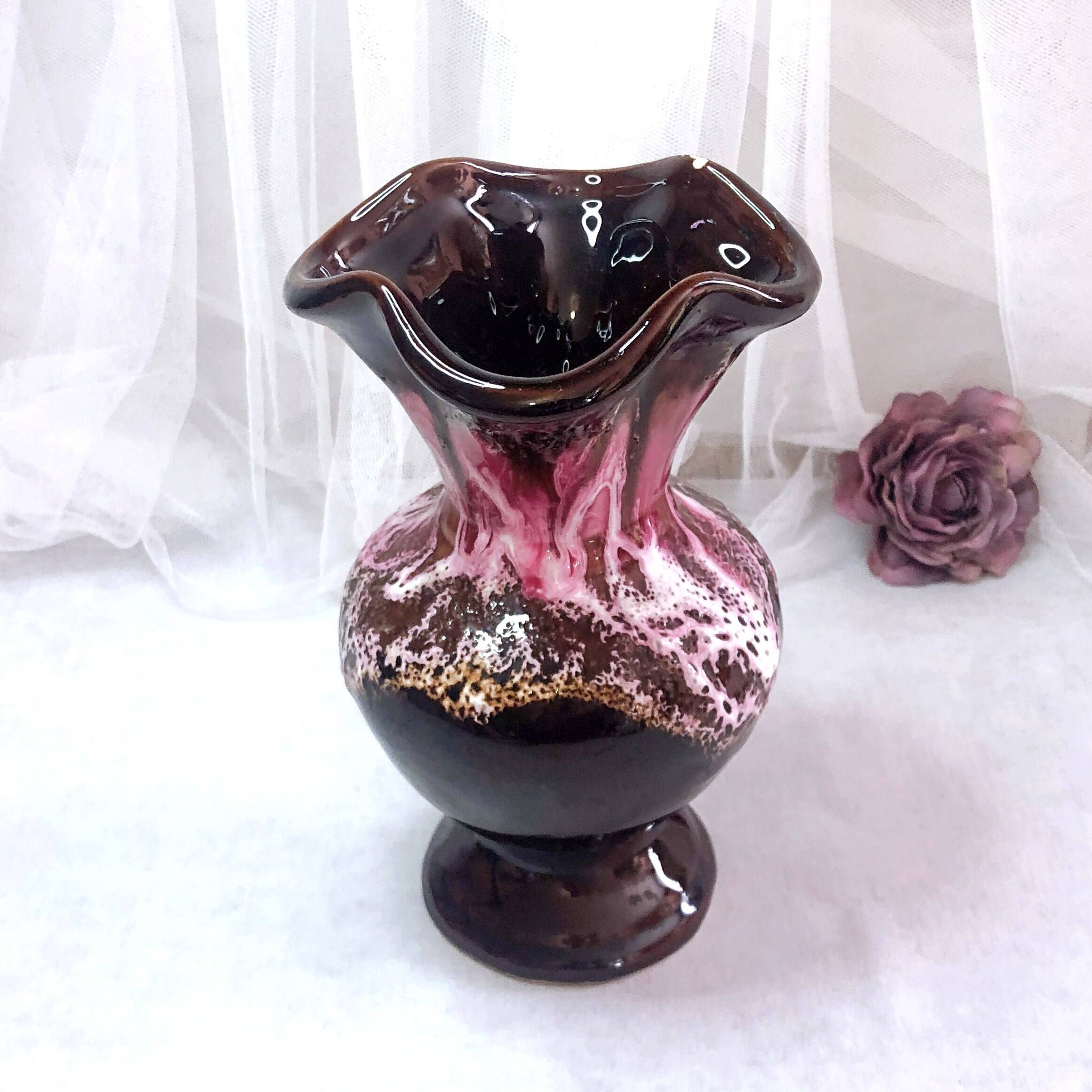 Seafoam tulipwood vase, brown and pink, Vallauris, signed PG