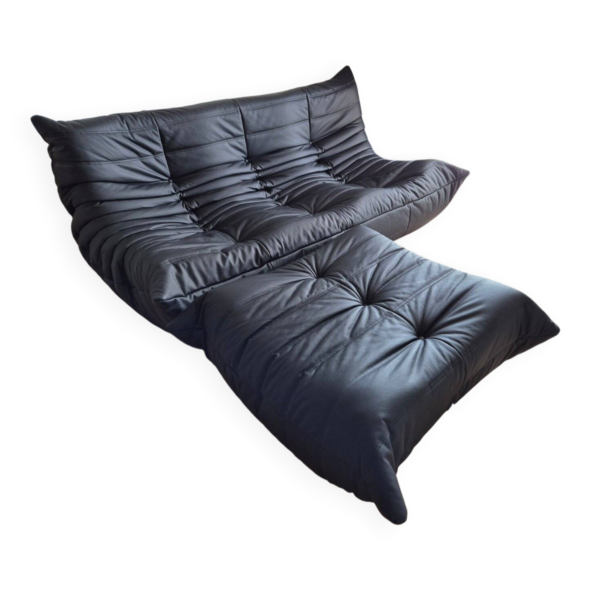 Togo sofa with pouf in black leather by Michel Ducaroy for Ligne Roset, set of 2
