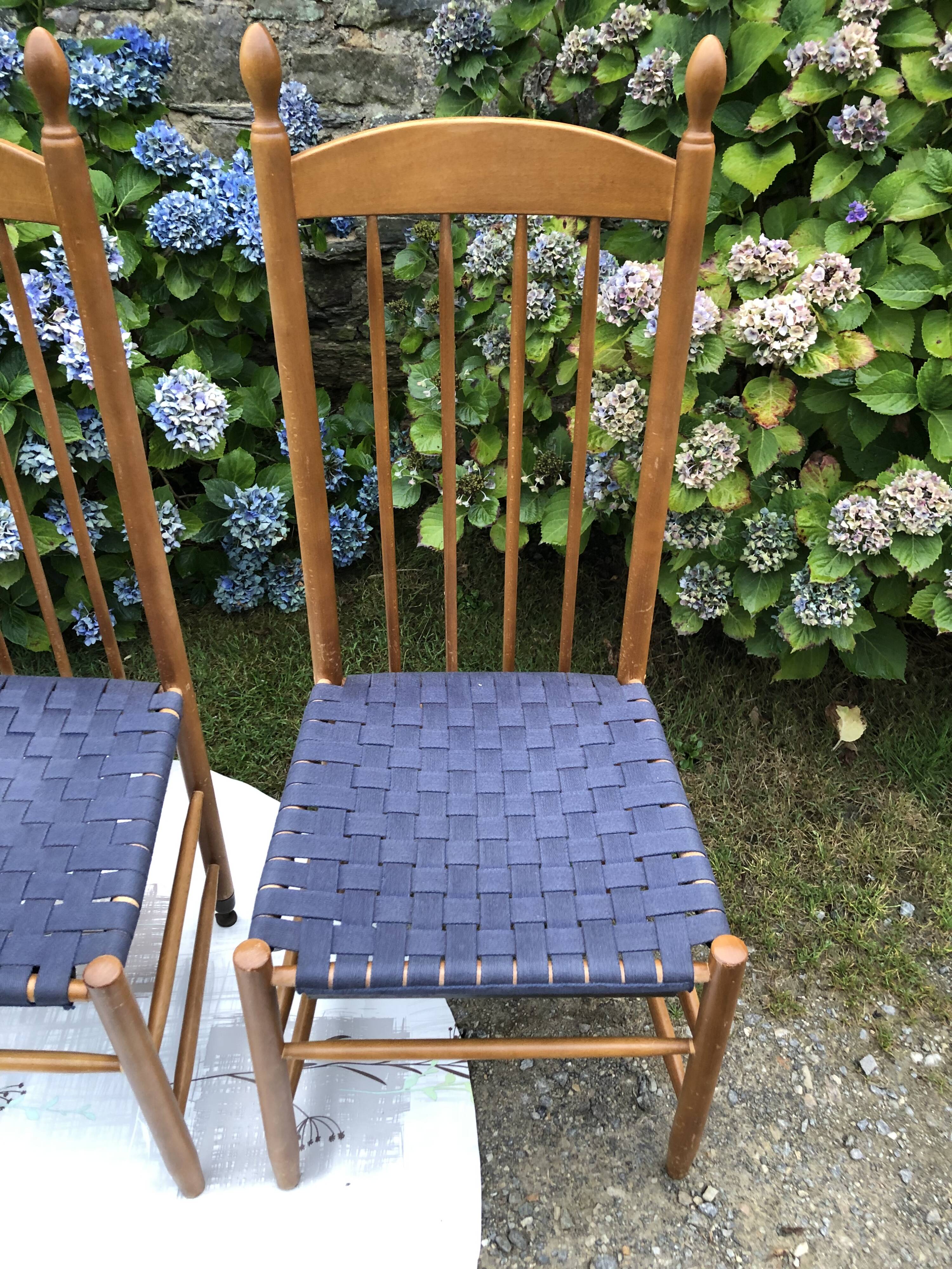 4 vintage Roche Bobois chairs from the 80s in beech with woven seats in blue fabric.