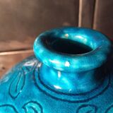 Vase grès émaillé bleu turquoise décor floral