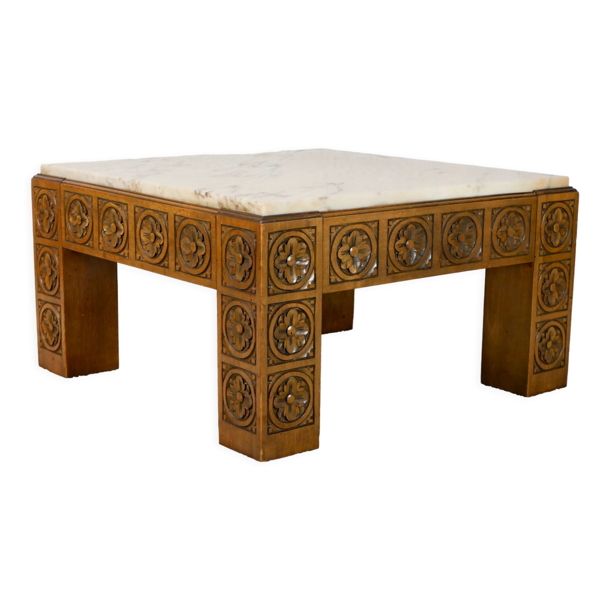 Table basse bois sculpté et marbre
