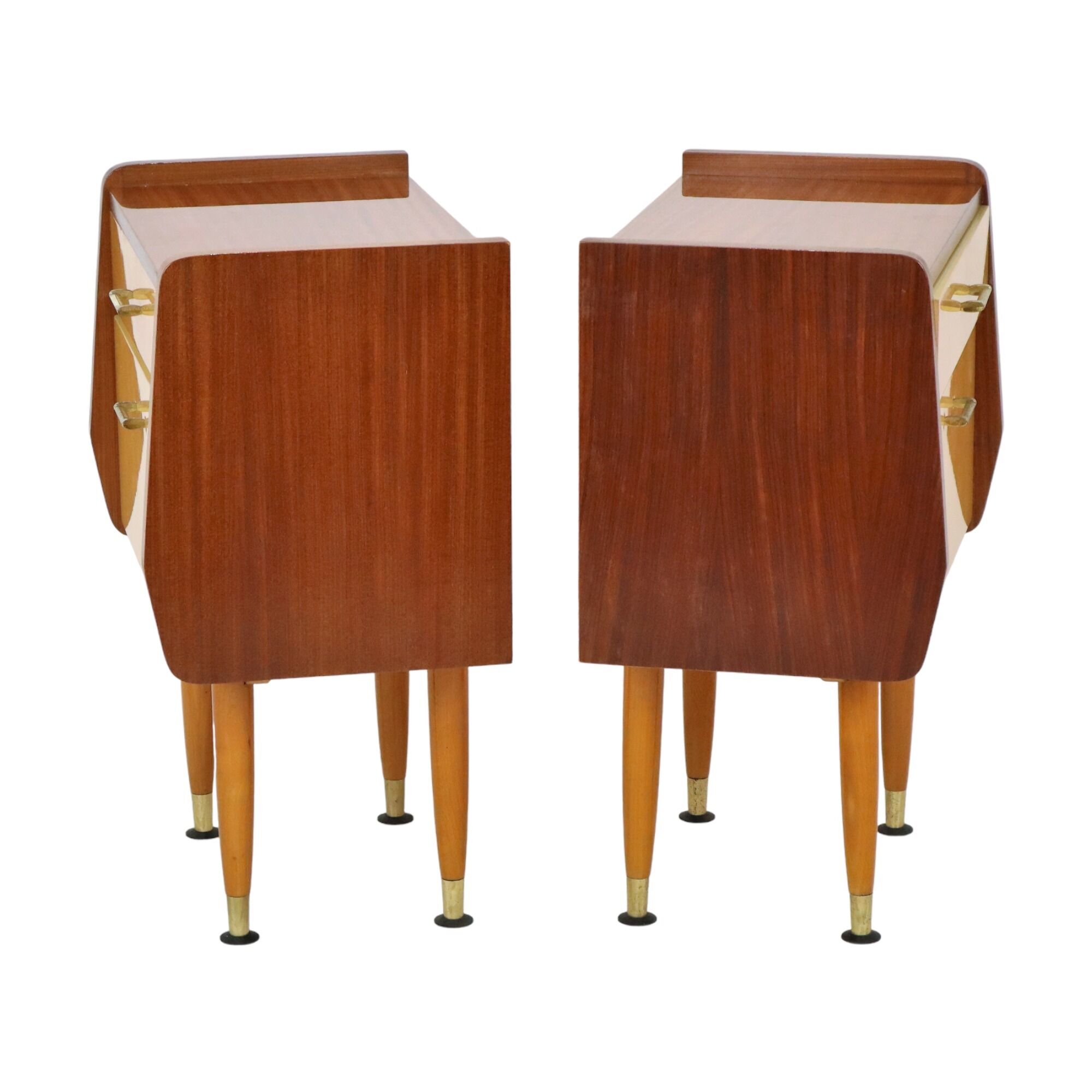 Pair of vintage wooden bedside tables brass handles 60s design