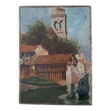 Tableau huile sur toile, vue ancienne de la ville, fin 19ème siècle